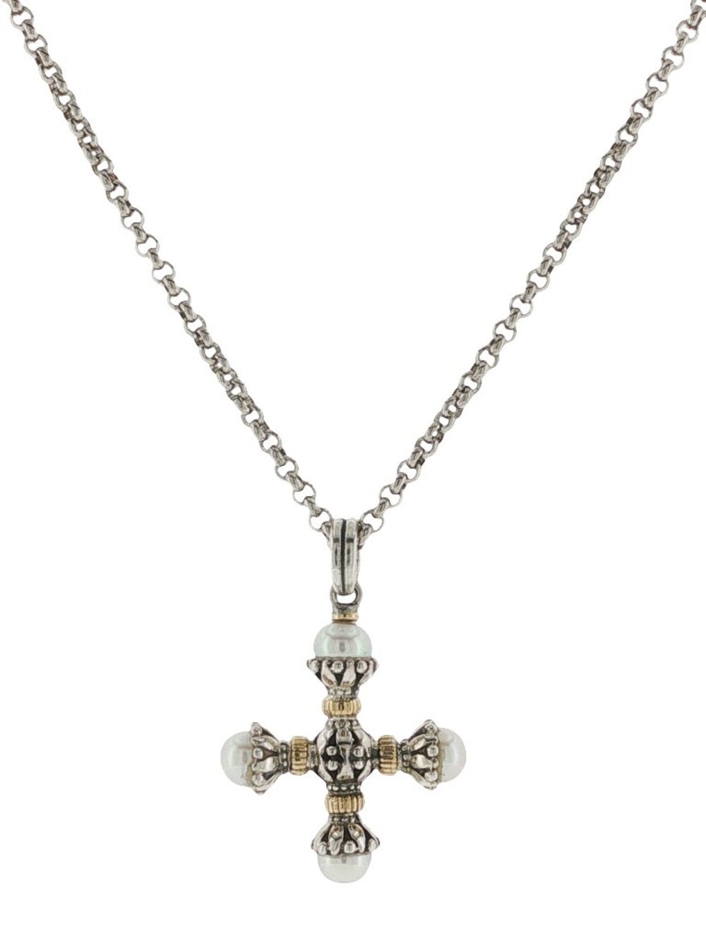 KONSTANTINO 925 Silver & 18K Gold Clas Cultured Pearl Cross Pendant Necklace 18"